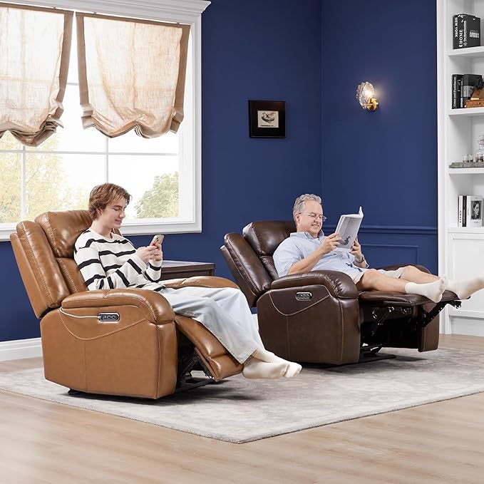 Watson &amp Whitely Genuine Leather Power Recliner Chairs for Adults Wall Hugger RV Recliner with Power Headrest &amp Charging Ports Electric Recliner Sofa Chair for Living Room Saddle Brown