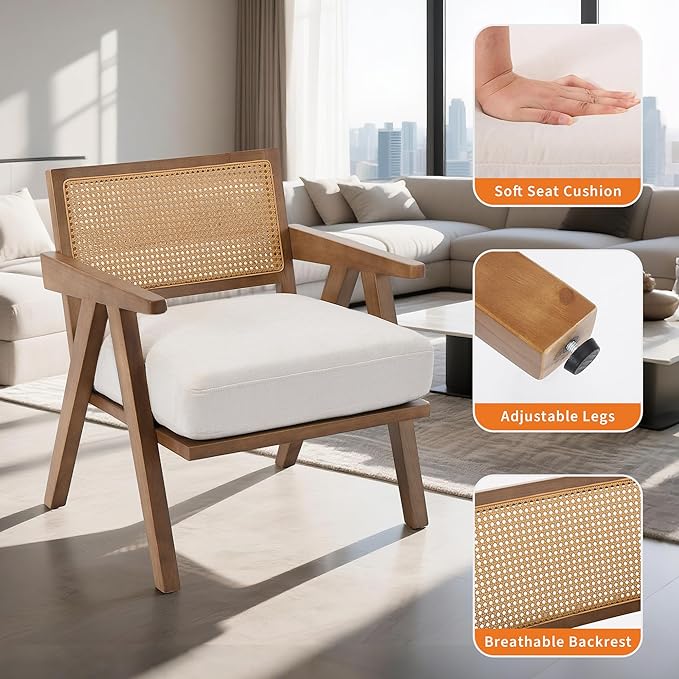 GarveeHome Mid-Century Farmhouse Accent Chair - Wood Armchair with Rattan Backrest &amp Linen Cushion for Living Room Bedroom - Beige Easy Assembly(2 Pcs)