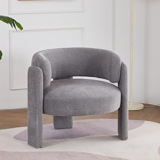 Modern Accent Barrel ChairMid Century Single Armchair with Curved Backrest Upholstered Side Reading Chair with 3 Legs Comfy Sherpa Chair for Bedroom and Living Room (Gray Set of 1)