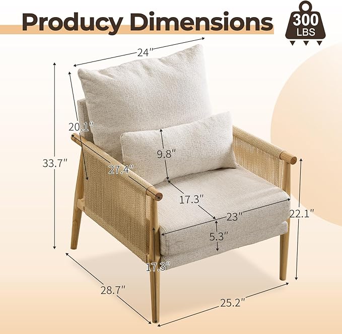 Karl home Cozy Chenille Accent Chair with Lumbar Pillow &amp Rattan Arms Modern Lounge Chair for Living Room Bedroom Reading Nook Gray