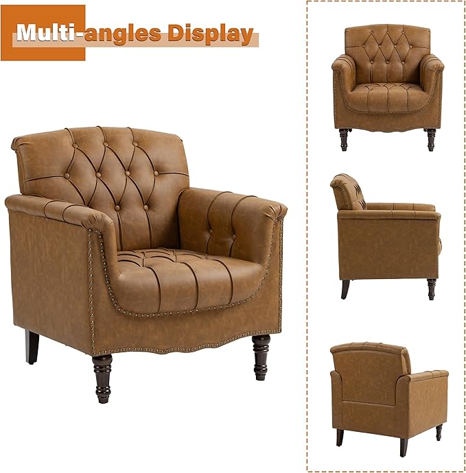 Faux Leather Club Chair Retro Upholstered Armchair Accent Chair with Solid Wood Legs &amp Nailhead Trim for Living Room Bedroom Reading Room Camel