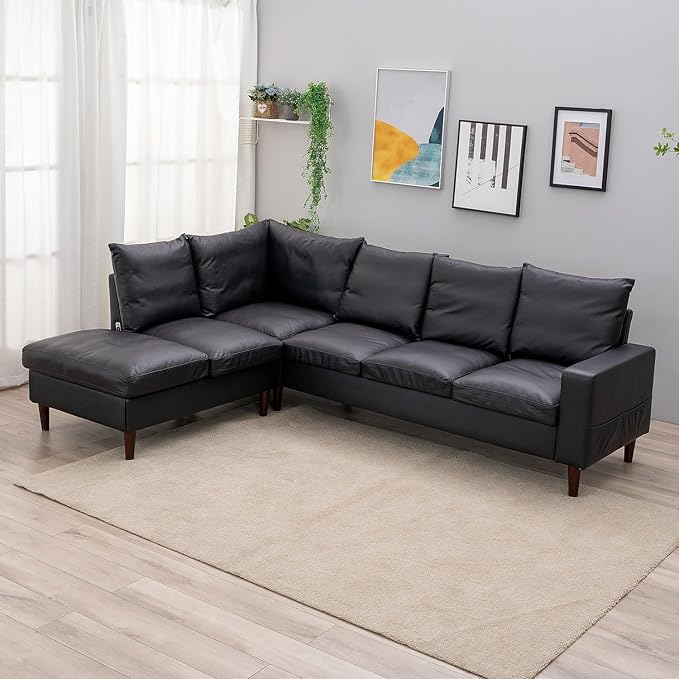 Panana 5 and 6 Seater Convertible Sectional Sofa CouchL-Shape with Universal Corner and Bulit-in USB Charging Port Chaise (Black Leather Look Fabric 6 Seater Corner with Built-in USB Port Chaise)