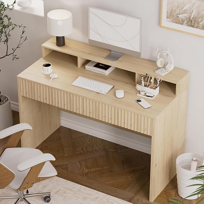 Fluted Executive Desk with Storage Shelf 47 Modern Wood Home Office Desk with Long Monitor Stand &amp 2 Drawers Writing Study Computer Table Vanity Desks Light Oak