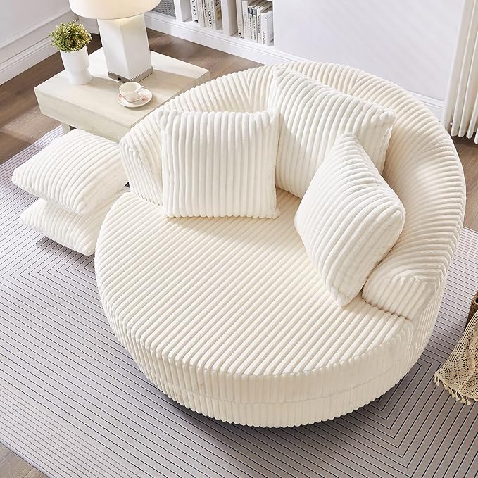 360° Swivel Accent Barrel Chair Corduroy Comfy Round Swivel Chair with Mental Base &amp Pillows Modern Lounge Reading Armchair Upholstered Plush Sofa Chairs for Living Room Bedroom Apartment(Bei