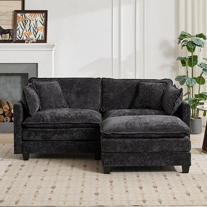 L Shaped Sectional Sofa Cloud Couch for Living Room 78 Chenille Comfy Boucle Modular loveseat Sofa Modern Upholstery Sofas with Ottoman &amp Memory Foam Black