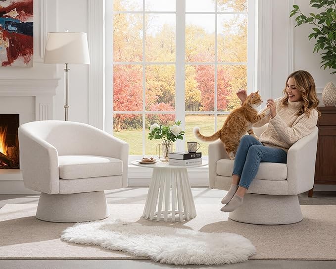 HNY Modern Swivel Beige Accent Chairs Set of 2 Linen Upholstered Barrel Chairs Cozy Vanity Arm Chairs with Back Comfy Sherpa Round Lounge Reading Armchairs Club Side Chairs for Living Room Bedroom
