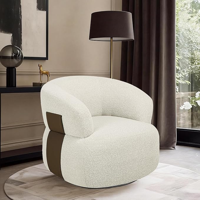 Swivel Barrel Accent Chairs-Modern Round Club Arm Chair Upholstered Living Room Armchair Single Sofa Seating Bedroom Side Reading Seat for Living Roon Office (Beige-Chenille 1*Seat)