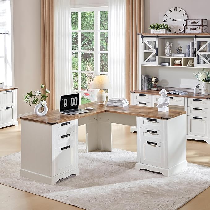 RedLemon 60 Farmhouse L Shaped Desk with Drawers Wood Home Office Corner Executive Desk with Charging Station File Drawer Storage Cabinet Rustic Computer Writing Desk (Antique White)