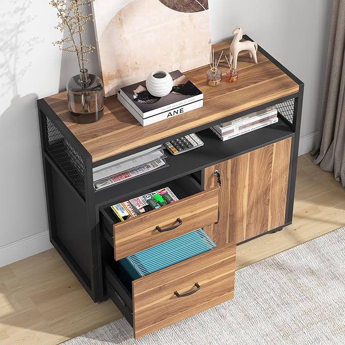 Tribesigns 63 Executive with Drawer Cabinet L Shaped Desk and Lock lateral File Cabinet 2 Piece Home Office Furniture Set with Drawers for Hanging File (Brown 63 inches)