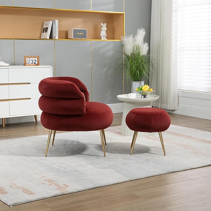 Velvet Oversized Armchair Accent Chair with Ottoman Mid-Century Modern Living Room Chairs Single Sofa Chair with Metal Legs Upholstered Tufted Reading Chairs for Bedroom Office (Wine Red)