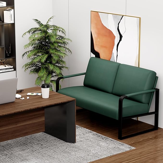 Love Seat Mini Couch Small Settee Loveseat Bench for Living Room Faux Leather Loveseat Sofa Sofa Couches for Small Spaces with Padded Cushion Mid Century Modern Green Love Seats