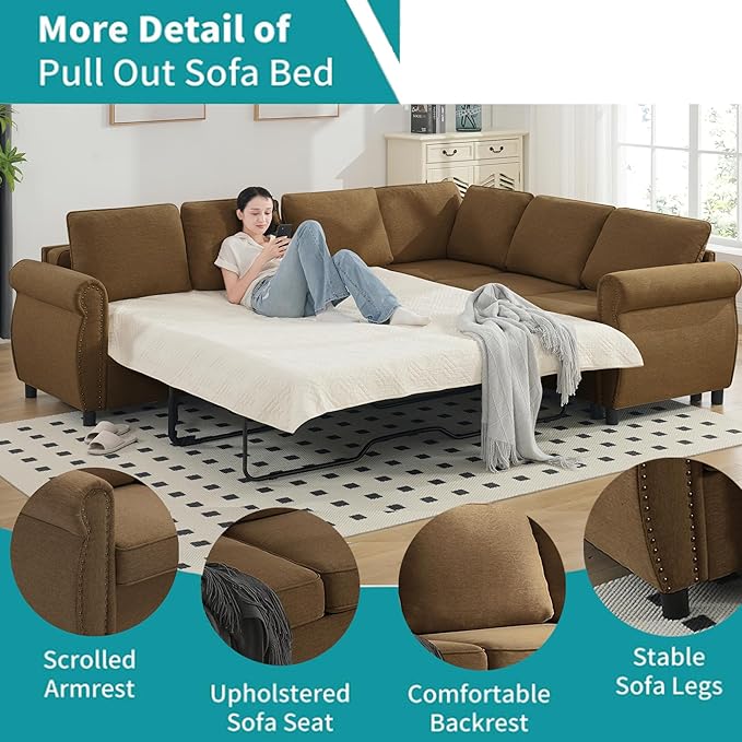 TTK 104 L-Shaped Convertible Sectional Sofa Bed 6-Seater with Pull Out Queen Size Daybed Memory Foam Mattress &amp Arms Easy Assembly Riveted Sofa for Living Room Brown