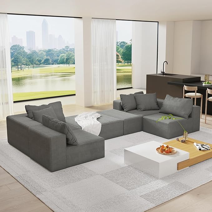 LUMISOL Modular Sectional Sofa Modern L-Shaped Sectional Sofa Couch with 6 Throw Pillows Free Combination Sofa for Living Room Grey