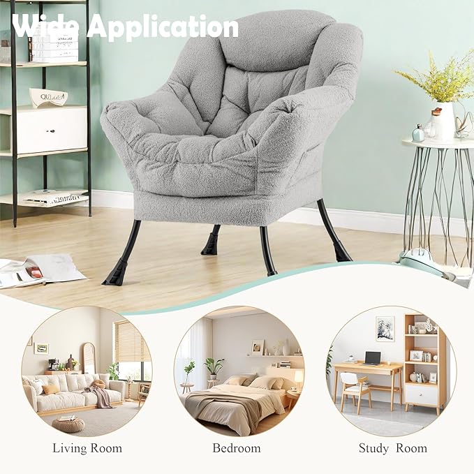 GORELAX Modern Lazy ChairUpholstered Lounge Accent Chair Single Leisure Sofa Chair with Armrests &amp Side Pocket Comfy Reading Chair for Bedroom Living Room Dorm Room (Plush Grey)