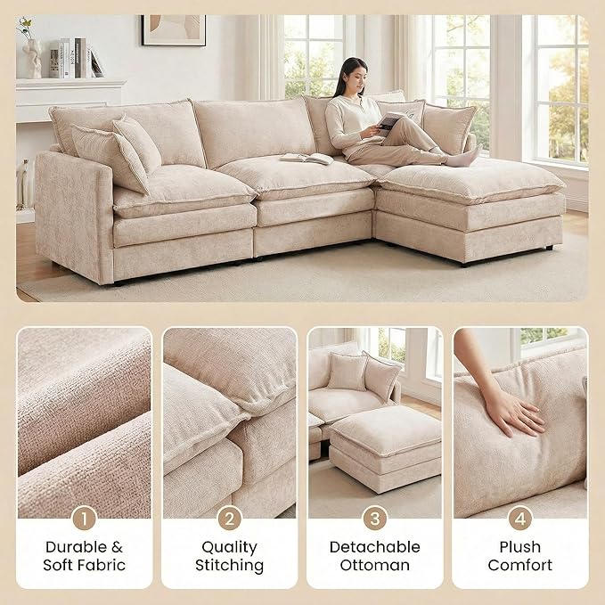 Homy Casa 102 Inch L Shaped Couch Set3-Seat Sectional Sofa with Chaise Comfortable Chenille Fabric Removable Cushions Ottoman DIY CombinationModern Design for Living/Family Room (Coffee)