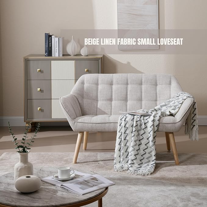Loveseat Sofa 48 inch Love Seat for Living Room Comfy Linen Small Couch with Wood Legs for Bedroom Small Space Apartment Office Beige