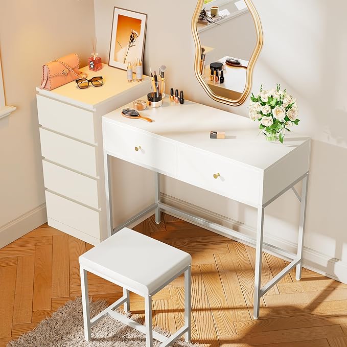 SUPERJARE 35.4 White Desk with 2 Drawers Modern Makeup Vanity with Padded Stool Small Computer Desk Home Office Desk for Writing Study Bedroom