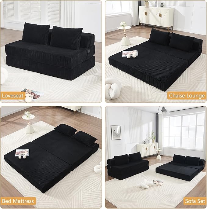Folding Sofa Bed Full Size Modern Corduroy Floor Boneless Loveseat Couch Bed with 2 Pillows Comfy 3 in 1 Convertible Sleeper Sofa for Living Room Apartment Dorm Small Space Black