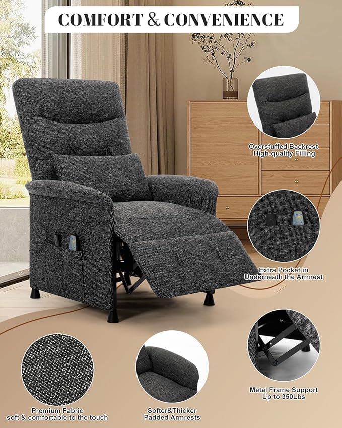 Recliner Chair for Adults Lazy Recliner Ergonomic Adjustable Single Sofa Enhanced with Side Pocket Tall Back Wide Arms &amp Padded Seat (Black Without Massage and Heating)