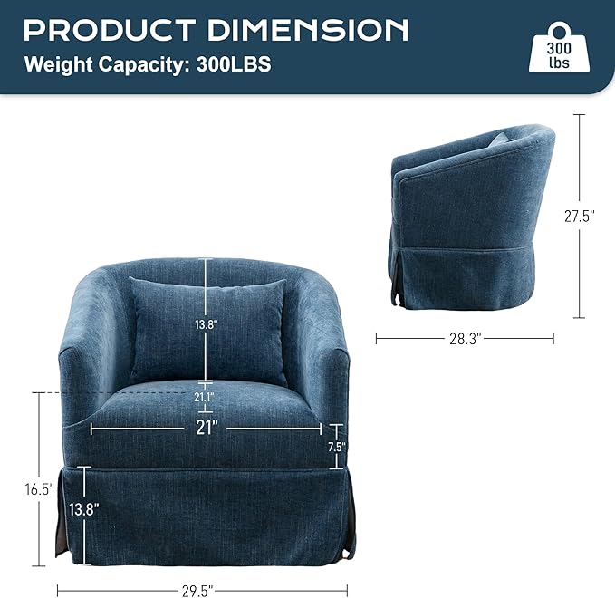 Swivel Accent Chair Comfy Modern Swivel Barrel Chair with Skirt Thick Cushion 360°Upholstered Chenille Small Single Sofa Club Armchair for Living Room Bedroom Nursery Lounge Blue