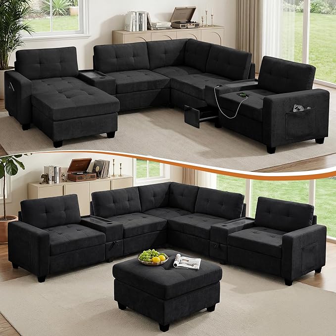 103'' Modular Sectional Sofa couch with 2 Acrylic Consoles Oversized U Shaped Couch Set with USB Charger Storage DrawersPockets and Movable Ottoman Chenille Sectional Couches for Living RoomBlack