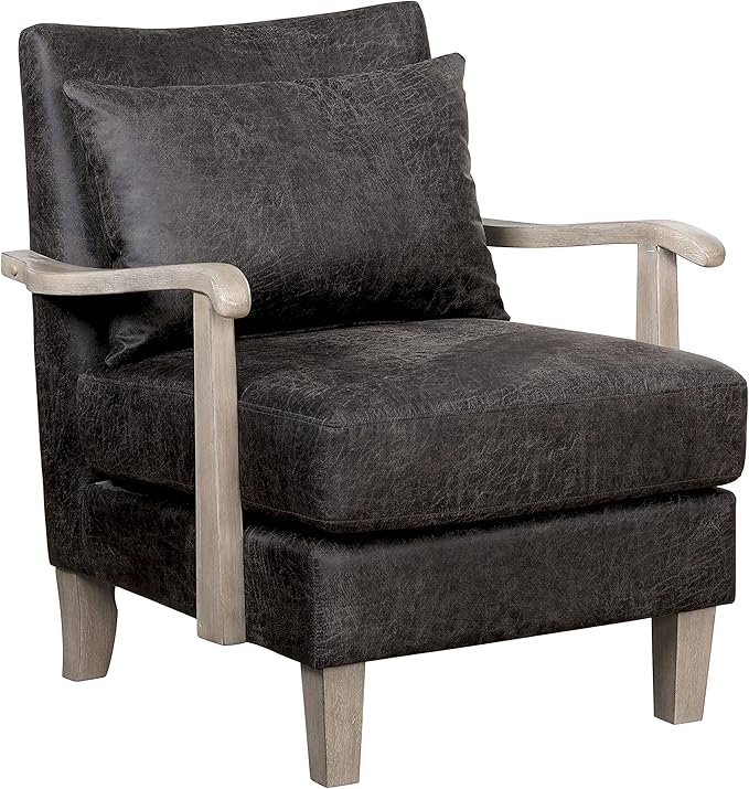 HOMES: Inside + Out Turney Faux Leather Upholstered Arm Chair with Pillow Back and Wooden Arm for Living Room Bedroom Light Gray