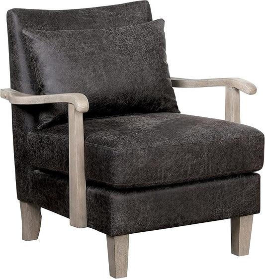 HOMES: Inside + Out Turney Faux Leather Upholstered Arm Chair with Pillow Back and Wooden Arm for Living Room Bedroom Light Gray