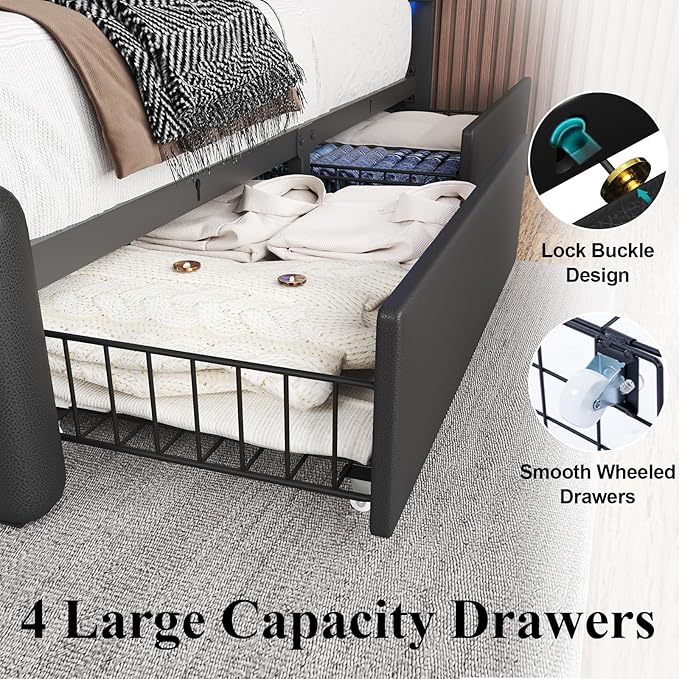 Queen Size Bed Frame with 4 Storage Drawers and LED Lights Upholstered Platform Bed with Adjustable Headboard and Charging Station Metal Slats Support No Box Spring NeededEasy Assembly Black