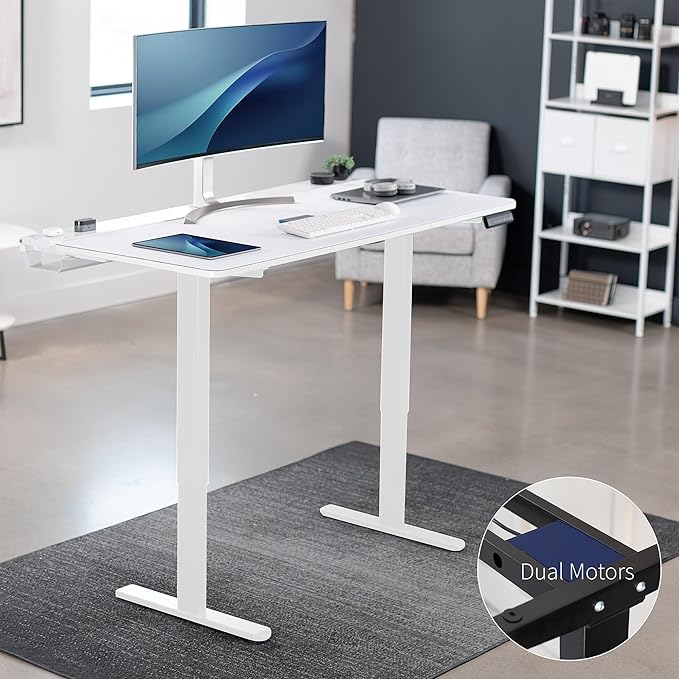 VIVO Electric 60 x 30 inch Standing Desk with Concealed Trays and Full-Size Mouse Pad Dual Motor Memory Controller Height Adjustment White Top White Frame DESK-KIT-E2W-P3W