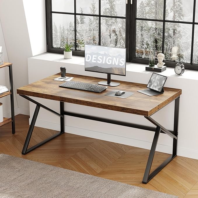 HSH Rustic Brown Desk Industrial Home Office Computer Desk Farmhouse Metal and Wood Computer Table Simple Bedroom Laptop PC Desk for Student Writing Study Gaming Executive Workstation 55 in