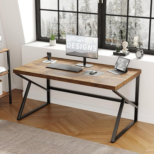 HSH Rustic Brown Desk Industrial Home Office Computer Desk Farmhouse Metal and Wood Computer Table Simple Bedroom Laptop PC Desk for Student Writing Study Gaming Executive Workstation 55 in