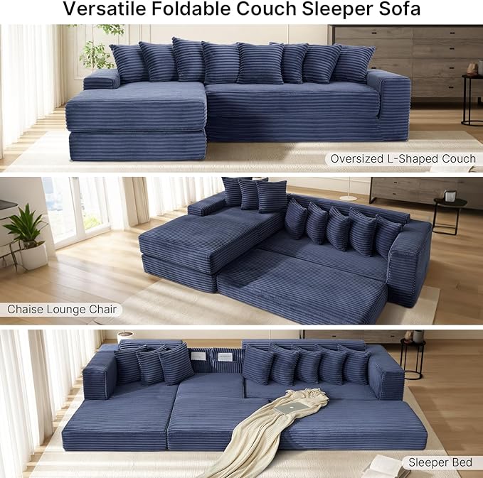 110 Boneless Couches for Living Room Cloud Modular Sectional Sofa Bed Customizable Convertible Sleeper Sofa Plush Corduory Folding Futon Floor Couch No Assembly(BlueLeft)