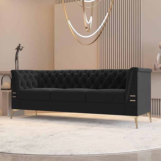 Black Chesterfield Velvet Couch for Living Room3 Seater Tufted Sofa with Gold Metal Legs Large Upholstered Comfy Couch (Black 82)
