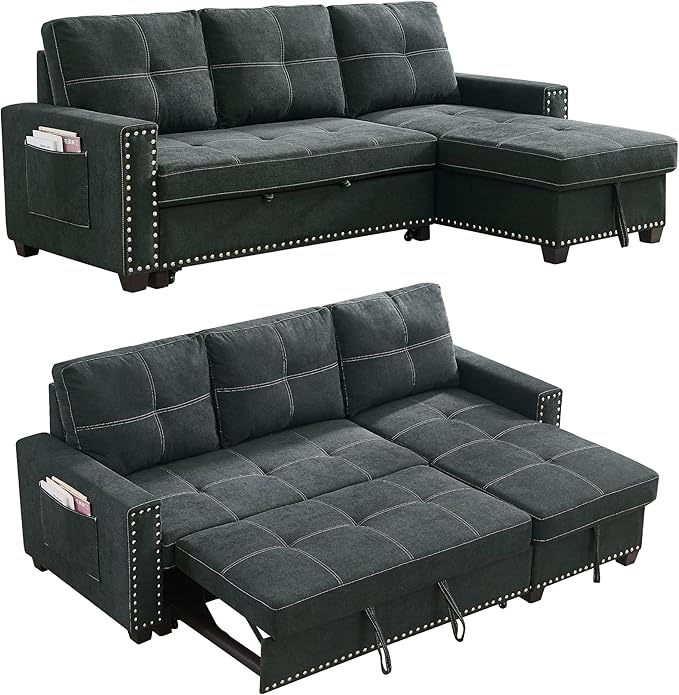 Ucloveria Reversible Sectional Sofa Couch Sleeper Sofa Bed with Storage Chaise Pull Out Couch Bed for Living Room L-Shape Lounge 2 in 1 Sectional Couch with Pull Out Bed Black