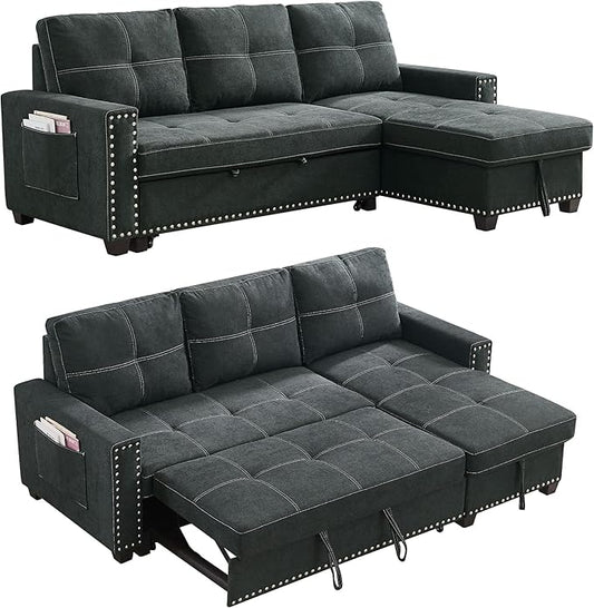 Ucloveria Reversible Sectional Sofa Couch Sleeper Sofa Bed with Storage Chaise Pull Out Couch Bed for Living Room L-Shape Lounge 2 in 1 Sectional Couch with Pull Out Bed Black