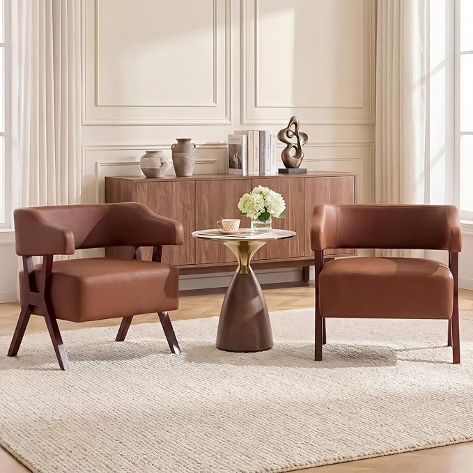 STHOUYN Leather Accent Chairs Barrel Chair with Solid Wood Frame Mid-Century Modern Wooden Armchair with Wraparound Back Comfy Office Reading Chair for Living Room Bedroom (2 Brown)