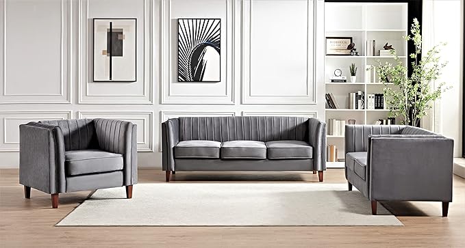 Container Furniture Modern Luxury Velvet Chair for Living Room with High Density Foam Soft Fabric Upholstery Removable Cushions and Solid Wood Legs 36.6'' Wide Armchair Grey