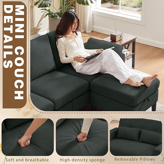2 Piece Sectional Sofa Set 3-Seat Small L Shaped Couch with Storage Ottoman and 2 Seat Loveseat Sofa Set Polyester Fibre for Living Room Black