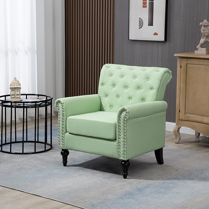 Mid Century Modern Accent Chair Linen Armchair wTufted BackWood Legs Upholstered Lounge Arm Chair Single Sofa for Living Room Bedroom Grass Green