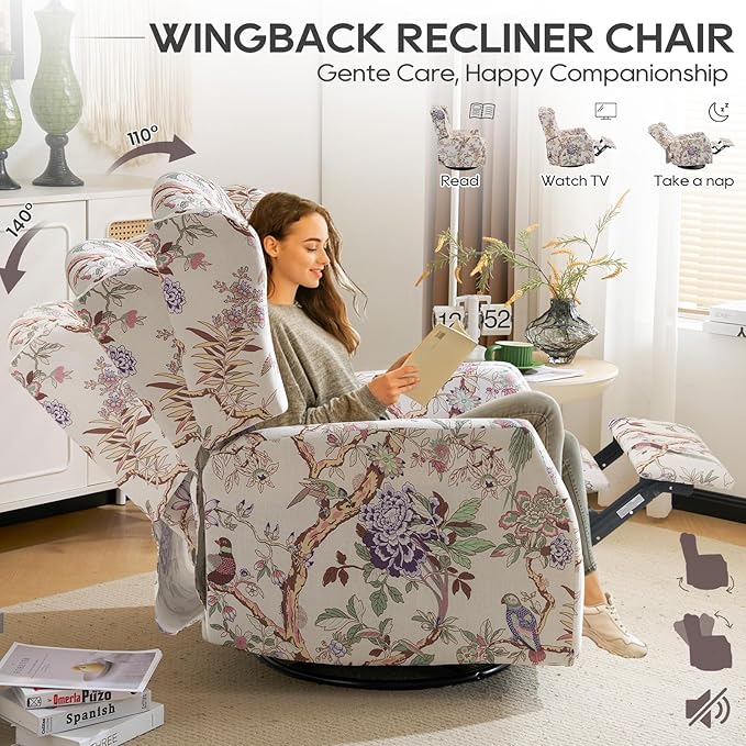 Swivel Rocker ReclinerWingback Recliner ChairFloral Accent Chair Fabric Chair with High BackPadded Seat for Living RoomBedroom Home Office (Bird)