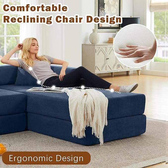 108 W Corduroy Modular Cloud Couch with Fixed-Shape Frame Oversized L-Shaped Sectional Sleeper Sofa Bed with Pull Out Bed No Assembly Modern Floor Boneless Couch for Living Room (Blue)