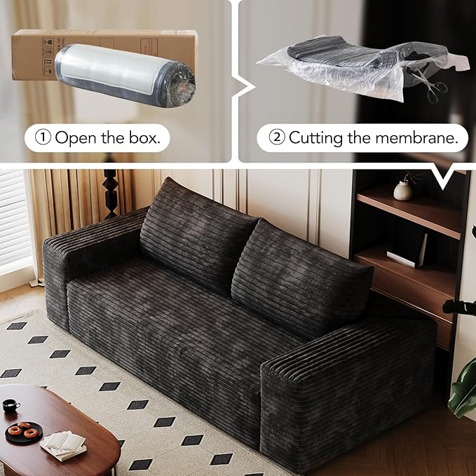63 Small Space Boneless Modular Couch with Corduroy Memory Foam Deep Seat - Cloud - Comfy No Assembly Required Sofa for Living Room Bedroom &amp Apartment (Black 63 inch)