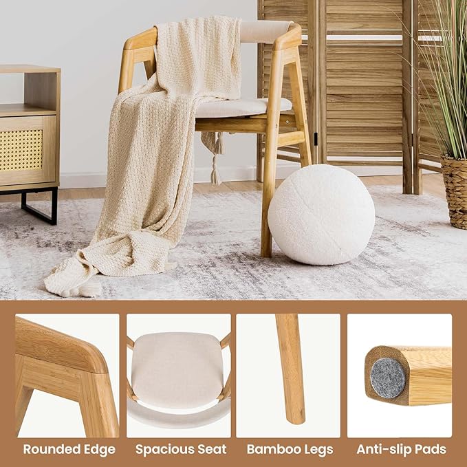 Giantex Accent Chair for Living Room Bamboo Painted Surface Upholstered Comfy Reading Chair with Anti-Slip Foot Pads Curved Backrest Arm Lounge Chair for Bedroom Waiting Room Office Natural