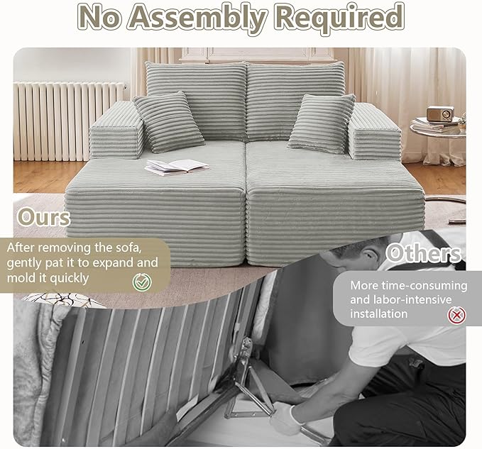 74.8 Oversized Double Chaise Lounge Indoor Upholstered Deep Seat Cloud Couch Corduroy Lounge Chair Modern Sofa Bed Loveseat Sleeper Chair for Living Room Bedroom Apartment Light Grey