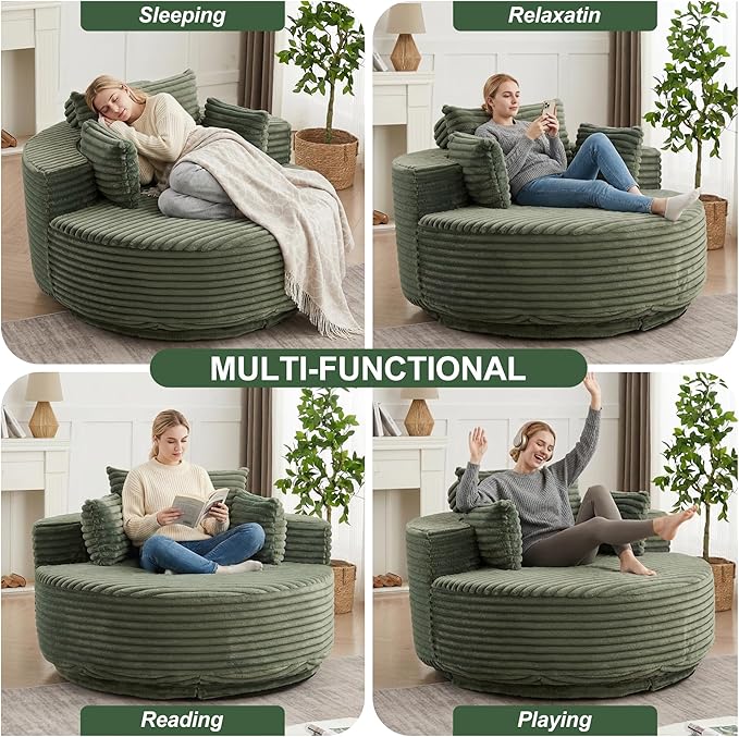 55 Oversized 360 Degree Swivel Chair Modern Round Chair Lounge Upholstered Corduroy Swivel Accent Chair with Deep Seat Comfy Fluffy Sleeper Sofa for Living Room Bedroom Apartment (Green)