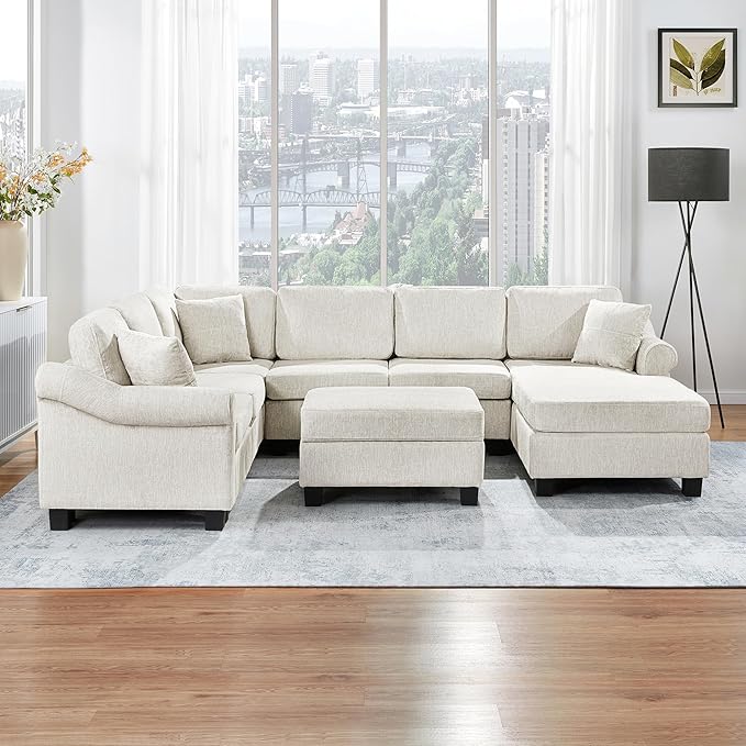 P PURLOVE Sectional Sofa Velvet Large Sectional Sofa with Right Side Chaise Wide Chaise Lounge Couch with Ottoman for Living Room (White)