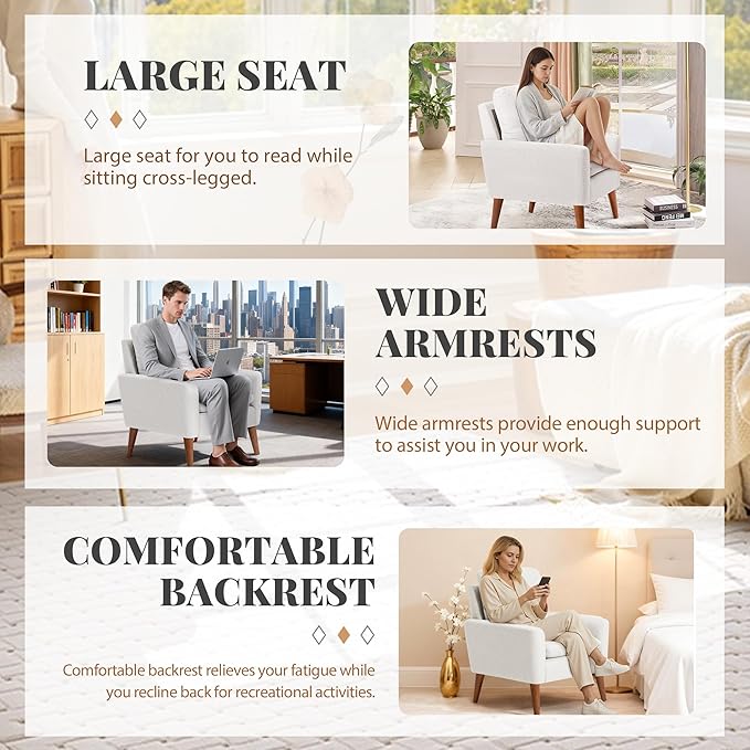 Furmax Accent Chair Mid-Century Modern Upholstered Armchair Comfy Reading Sofa Chair for Living Room Bedroom Apartment White