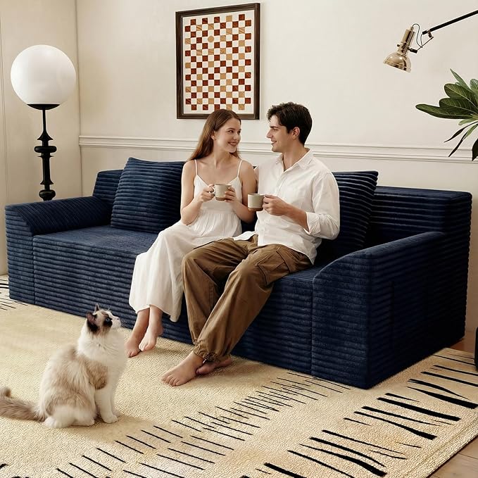 71Cloud Loveseat SofaModern 2-Seater Boneless Couch with 3 Pillows &amp Side PocketSoft Corduroy Love seatCompressed FoamDeep SeatNo Assembly for Living RoomBedroomApartment(Tilted ArmrestBl