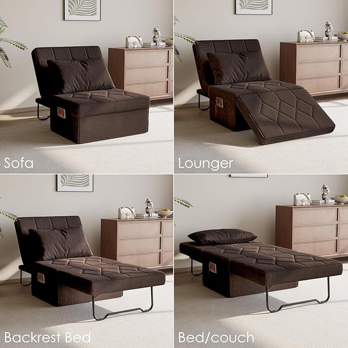 Convertible Sofa Bed with 5-Level Adjustable Backrest 74 D x 28 W 4-in-1 Folding Ottoman Sleeper Chair Bed Modern Single Futon Couch for Living Room Apartment Dorm Small Space Dark Brown