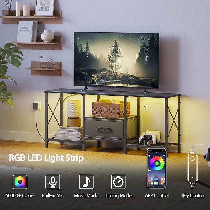 LED TV Stand with Fabric Drawer Entertainment Center for 50 55 Inch TV Industrial TV Console Table with Open Storage Shelves for Living Room Bedroom Black